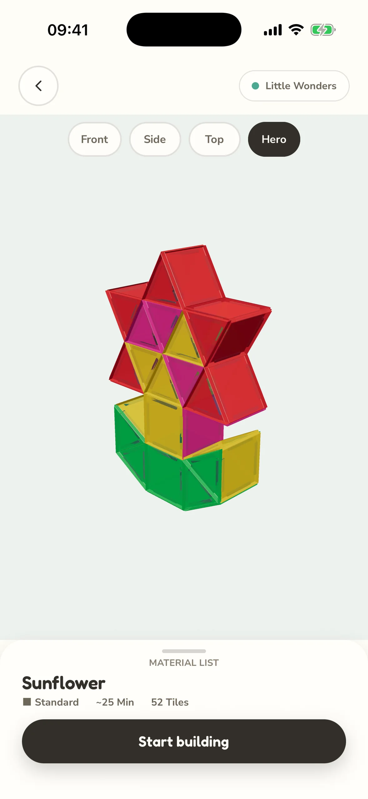 EverPieces: Magnetic Tiles showing a rotatable model and its material list