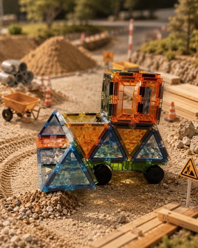 A magnetic tile excavator in a miniature construction site
