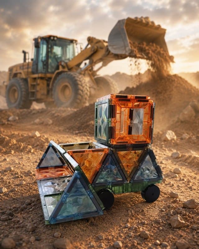 A magnetic tile excavator shown beside a real construction vehicle