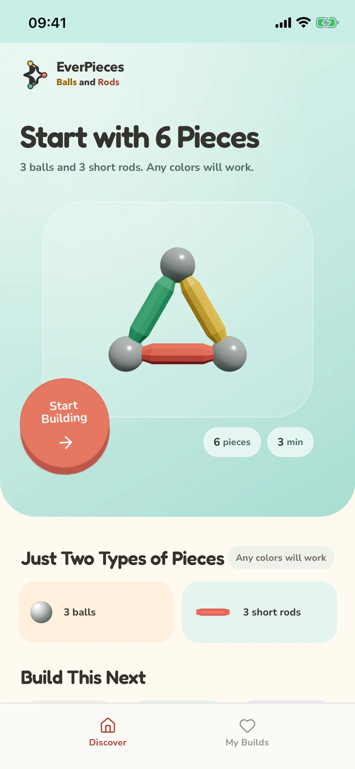 EverPieces: Magnetic Sticks showing a starter build and its piece list